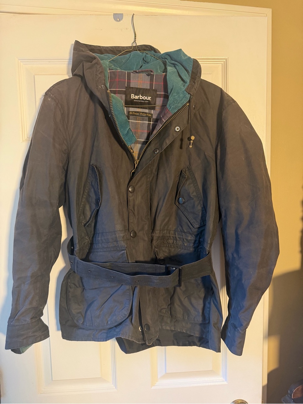 Barbour Durham A144 Belted Field Jacket Hooded Waxed Cotton Mens M Navy Blue